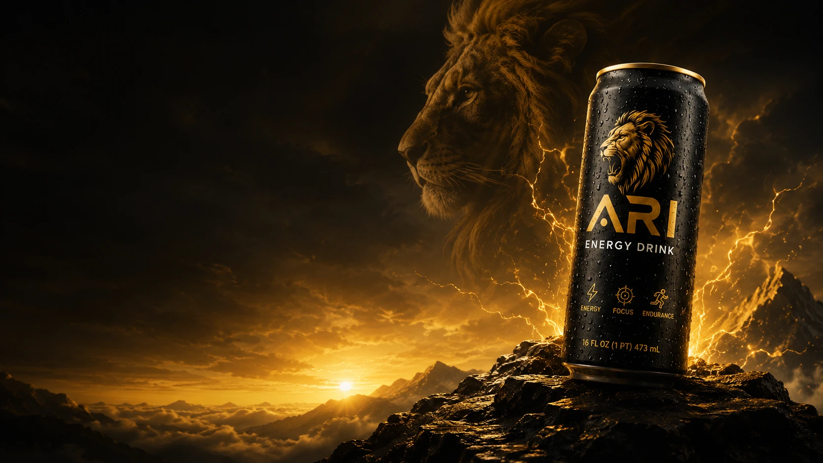ARI Energy Drink can on a mountain at sunrise with lion artwork