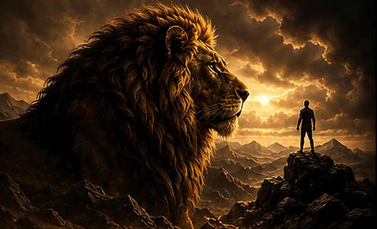 Lion and ambitious figure looking toward the horizon